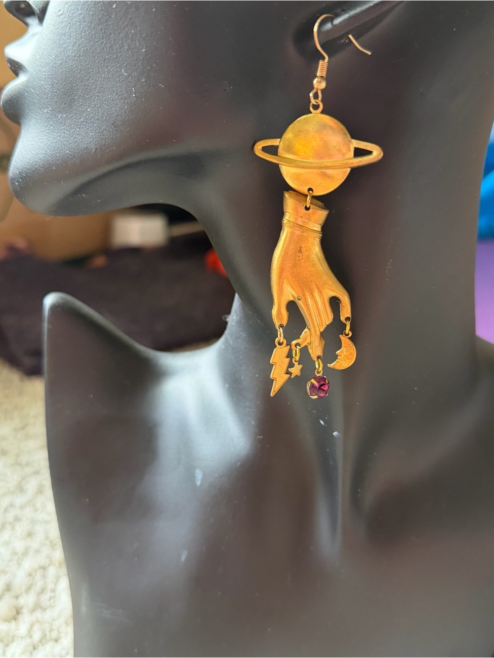 Whimsigoth Celestial Moon Star dangle drop golden bronze earrings